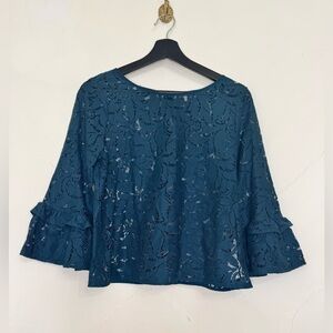 Women’s Part Two Grethe Lace Ruffle Sleeve Dark Teal Blouse Leaf Pattern Button